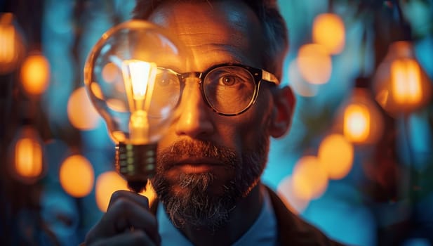 Portrait of a bearded man with a light bulb in his hand.