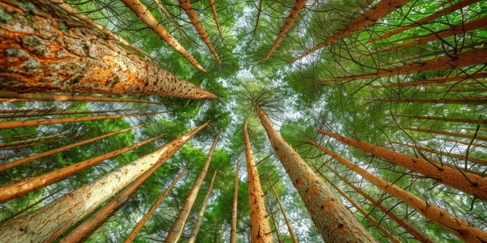Pine trees in the forest, panoramic view from below