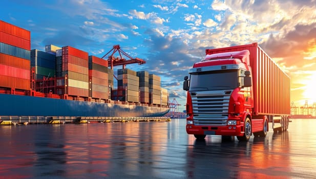 Truck with container cargo freight ship in harbor at sunset for Logistic Import Export background
