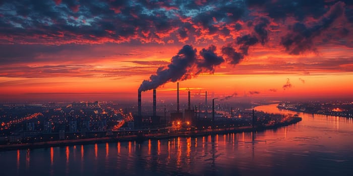 Aerial view of coal power plant at sunset in Rotterdam, Netherlands