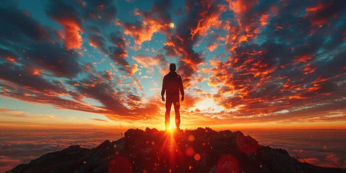 Man on top of the mountain and looking at the sunset