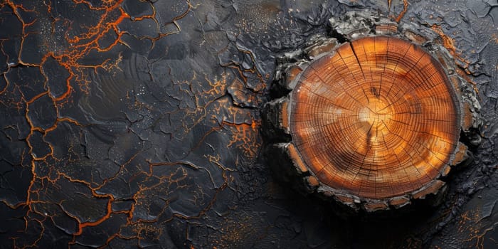 Wooden log with cracks on a dark background, top view.