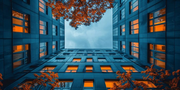 Modern apartment buildings illuminated at night under a clear sky