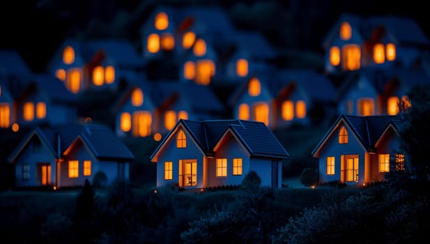 Miniature houses in the village at night. Concept of real estate.