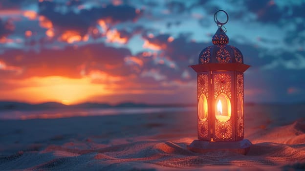 Lantern on the beach at sunset. Ramadan Kareem background