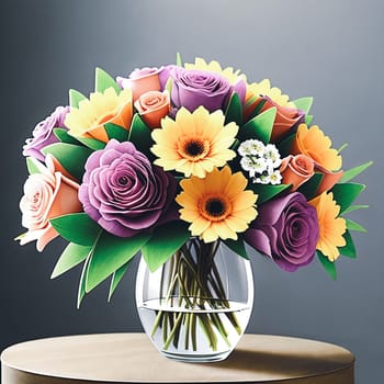 Floral Elegance. A vibrant bouquet of spring flowers arranged in a stylish vase with soft natural lighting to symbolize elegance and femininity