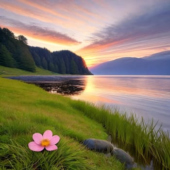 Inspirational Nature. A serene landscape photograph of a peaceful meadow at sunrise with a single flower resting on a rock or in the grass to convey a sense of tranquility and inner strength.