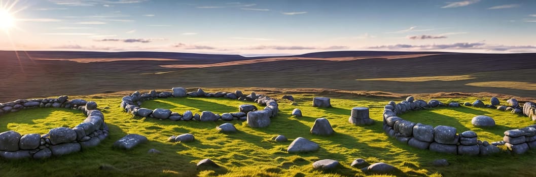 A mysterious and ancient stone circle nestled in a remote moorland, with the setting sun casting long shadows over the weathered monoliths