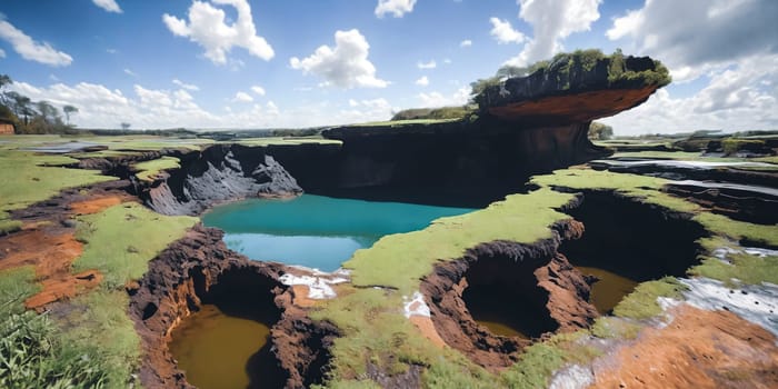 The surreal sight of a sinkhole swallowing up a section of land, showcasing the sudden and dramatic geological event with a focus on the gaping hole and crumbling surroundings. Panorama