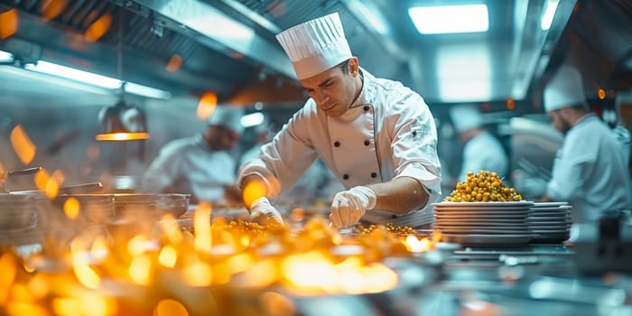 Chef in restaurant kitchen preparing and decorating food, meat and vegetable