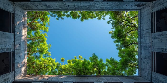 View of lush green trees under clear blue sky from concrete opening