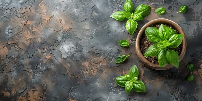 Top view of fresh green basil in pot on dark background with copy space
