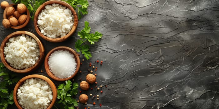 Bowls with tasty boiled rice and parsley on grey background