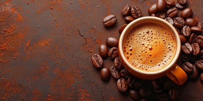 Cup of coffee with beans on brown background, top view. Space for text