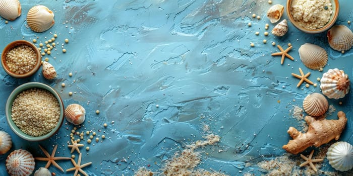 Sea shells and sand on blue background. Top view with copy space