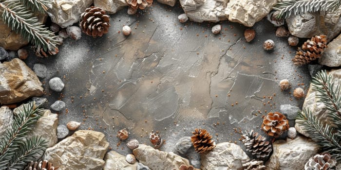 Christmas background with fir branches, cones and stones. Top view with copy space