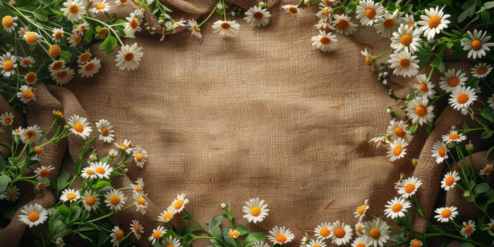 Chamomile flowers on burlap background, top view. Space for text