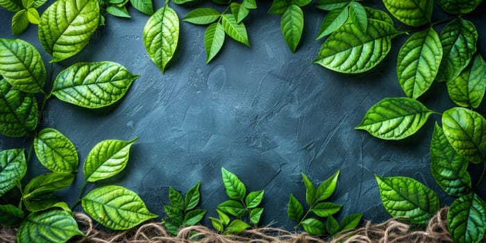 Green leaves on dark blue background. Top view with copy space.