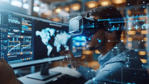 Man in virtual reality headset analyzes data on multiple computer screens