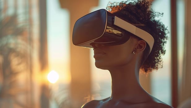 Beautiful african american woman in virtual reality headset at sunset