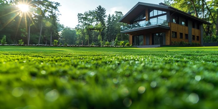 Luxury villa on the green grass with sun light.