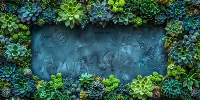 Green succulent plants on blue textured background. Top view.