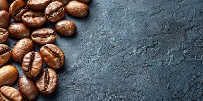 Roasted coffee beans on dark stone background. Top view with copy space