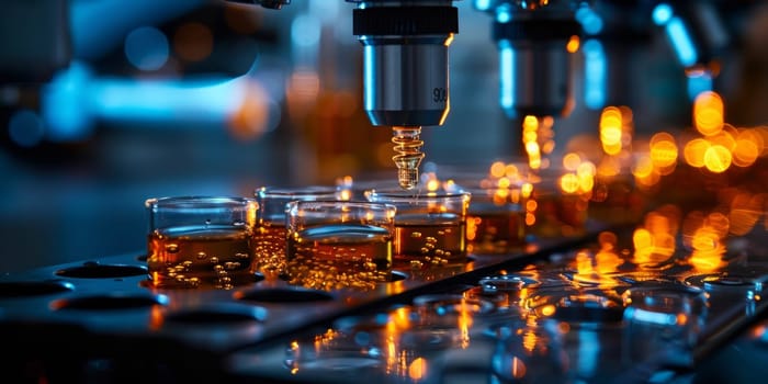 Laboratory glassware containing chemical liquid in test tubes. Scientific research.