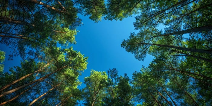 Pine forest with blue sky background. Pine tree forest view from below