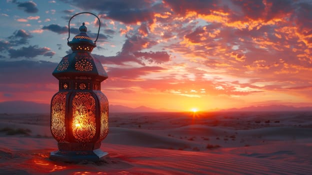 Lantern in the desert at sunset. Ramadan Kareem background