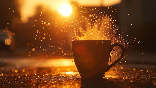 Cup of coffee with splashes of water on the background of the setting sun.