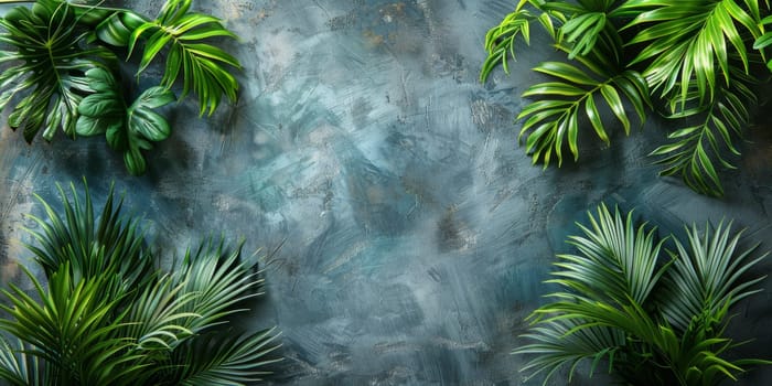 Tropical background with palm leaves. Flat lay, top view.