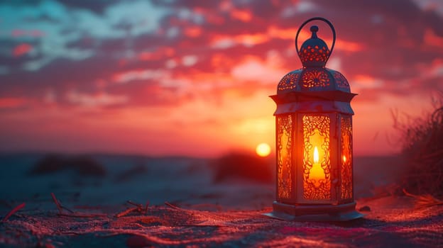 Lantern on the beach at sunset. Ramadan Kareem background