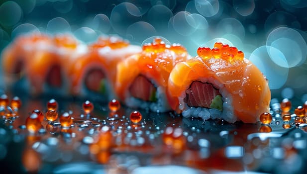 Sushi roll with salmon and caviar on a dark background.
