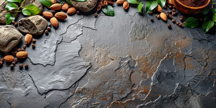 Cocoa beans, nuts and green leaves on dark stone background