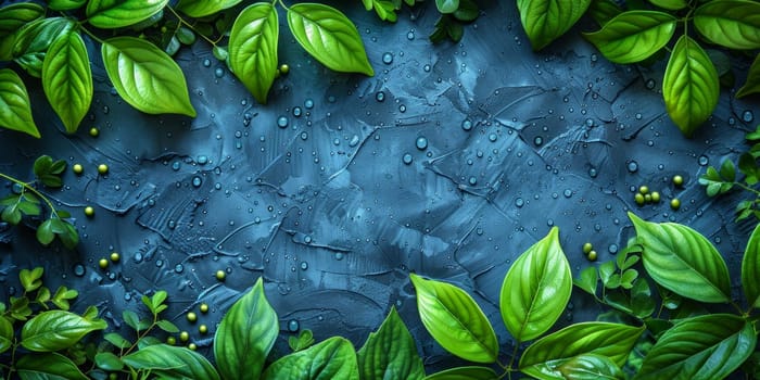 Green leaves with water drops on dark blue background. Top view.