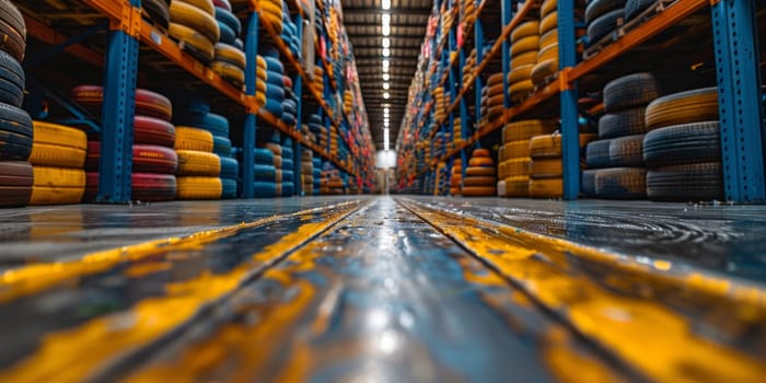 High angle view of a warehouse with rows of wheels in a warehouse