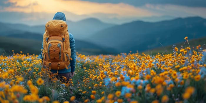 Traveler with backpack on the meadow in the mountains at sunset