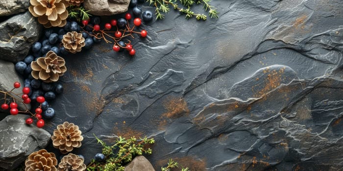Top view of fresh berries and pine cones on stone background with copy space