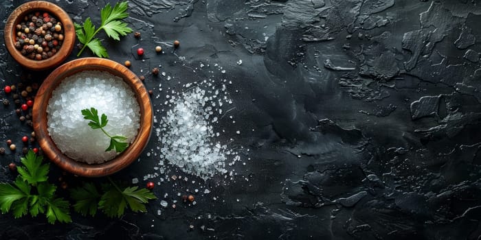 Salt, pepper and parsley on black background. Top view with copy space