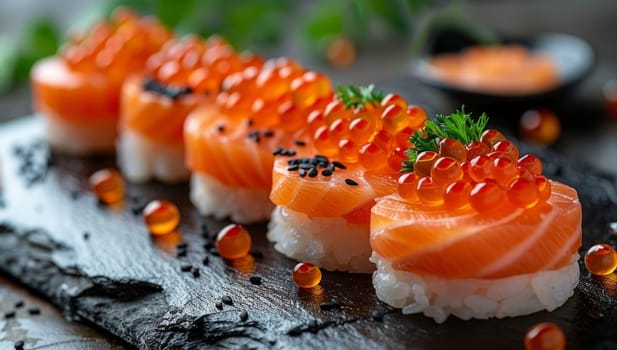 Sushi with salmon and caviar on a black stone background.
