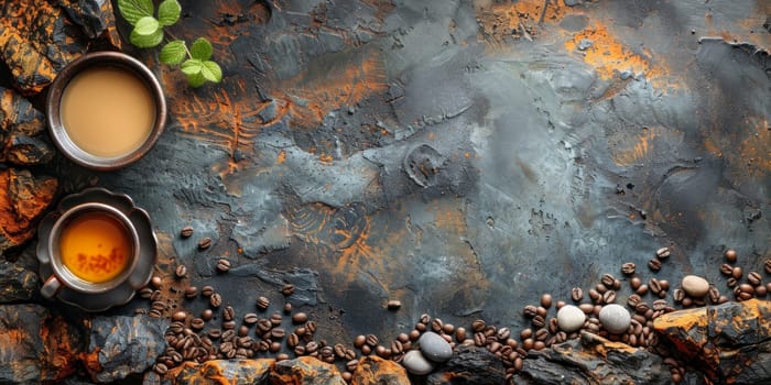 Top View of Coffee Cups and Beans on Stone Background with Copy Space