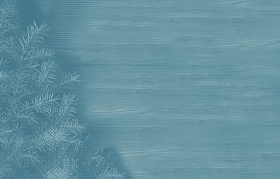 Abstract monochrome background with a fir branch on a wooden panel with an empty space for text top view