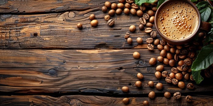 Coffee cup and coffee beans on wooden background. Top view.