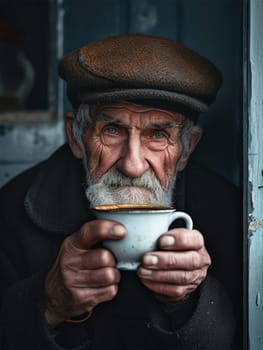 An elderly man with deep-set eyes and a weathered face holds a cup of coffee that radiates wisdom and life stories.