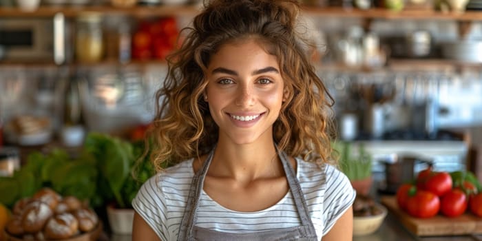 Portrait of smiling young woman standing in the kitchen at home.