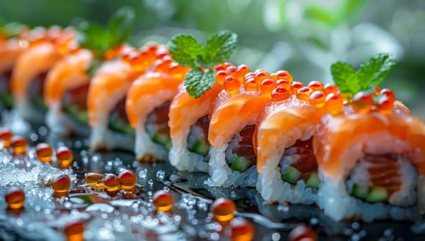 Sushi roll with salmon, caviar and cucumber on black plate