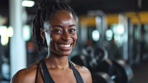 black woman trains in the gym, A fit woman with dreadlocks smiles brightly in a gym, evoking motivation and positivity.