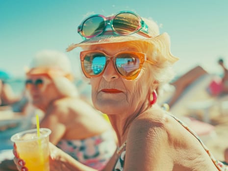 An elderly lady enjoys a sunny beach day, sipping a drink with stylish sunglasses and hat