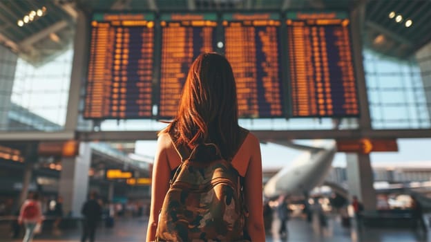 .A traveler gazing at flight information, evoking a sense of wanderlust. Backlit airport setting. Copy space.